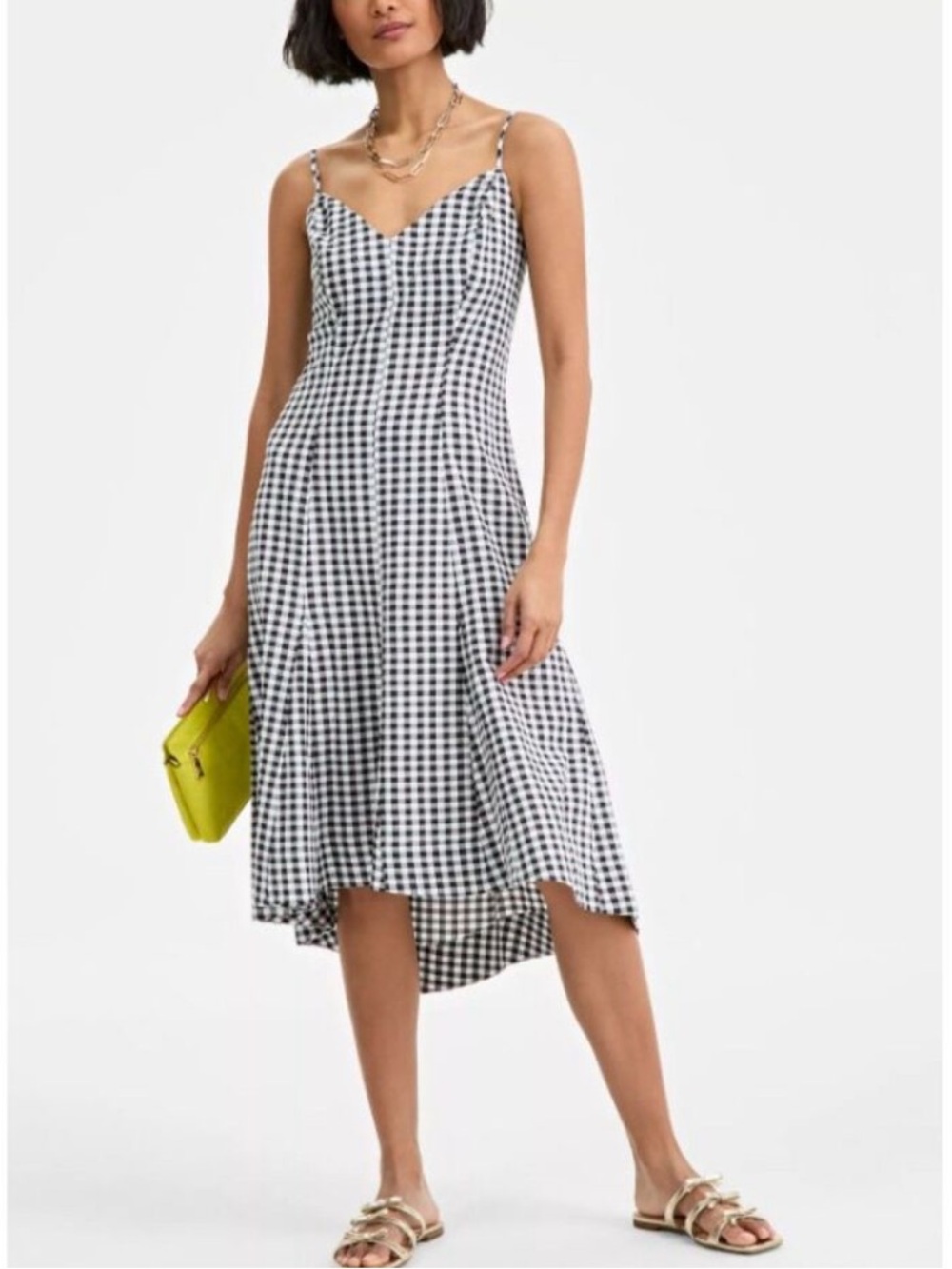 Gingham High-Low Spaghetti-Strap Dress in Black and White